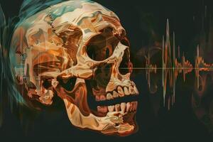 A skull with a mouth open and a sound wave in the background photo