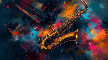 A colorful painting of a saxophone with a keyboard in the background photo