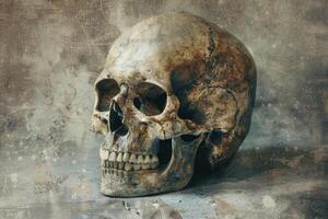 A skull is shown in a close up, with its mouth open and teeth visible photo