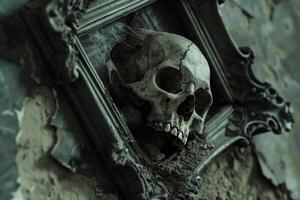 A skull is in a frame with a spider web around it photo