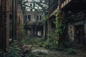 A dark, abandoned building with vines growing on the walls photo