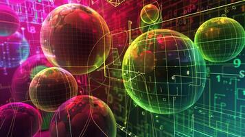 A colorful image of many spheres, some of which are green, red, and yellow photo