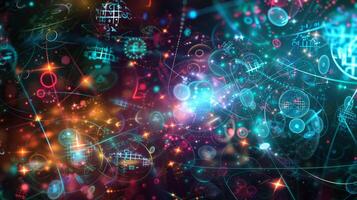 A colorful, abstract image of a galaxy with many different shapes and sizes photo