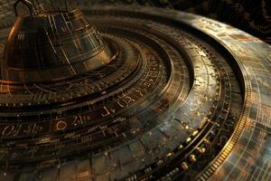 A large, golden, and intricate clock with many numbers and symbols on it photo