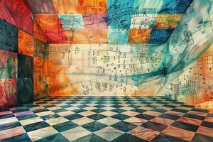A colorful room with a checkered floor and a wall covered in musical notes photo