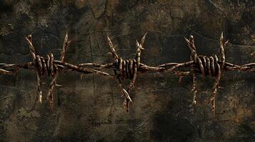 A rusty barbed wire fence with a few of the barbs missing photo
