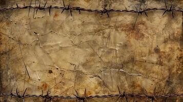 A rusty, old, and worn out wooden board with a wire fence on it photo