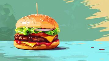 A hamburger with a toothpick in it is on a table photo