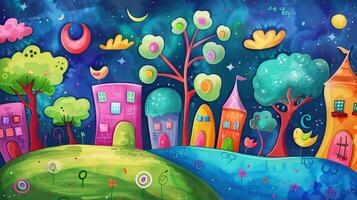 A colorful painting of a town with houses, trees, and a moon photo