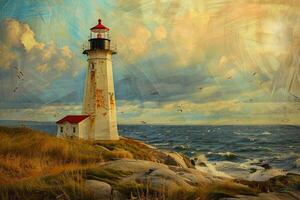 A lighthouse is on a rocky shoreline with a body of water in the background photo