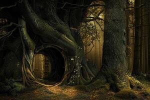 A dark forest with a tree with a hole in it photo