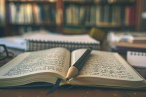 An open book and a pen on a desk in a library photo