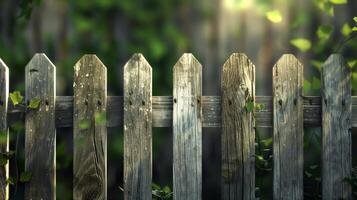 A wooden fence with a green background photo