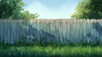 A cartoon fence with grass and trees in the background photo