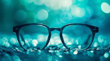 A pair of glasses is sitting on a surface with a blurry background photo