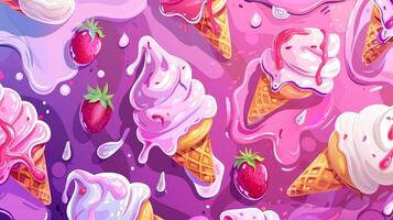 A cartoonish drawing of ice cream cones with strawberry sauce dripping from them photo