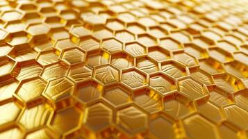 A gold colored hexagonal pattern with a shiny, metallic look photo