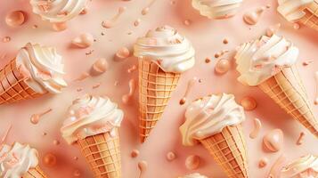 Ice cream in waffle cones on a pink background photo
