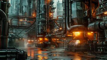 A futuristic industrial scene with a lot of pipes and a lot of water photo