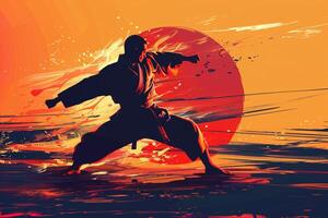 A man in a karate uniform is in the middle of a kick photo