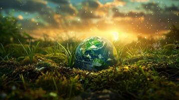 A small globe is sitting on a field of grass photo