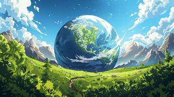 A large blue and green planet is floating in the sky above a lush green field photo
