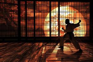 A man in a white uniform is practicing karate in a room with a large tree in the photo