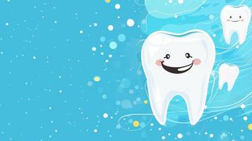 A smiling tooth is on a blue background with a lot of white dots photo