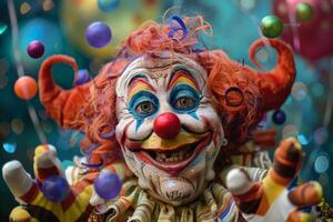 A clown with a red wig and a white face is holding a bunch of colorful balls photo