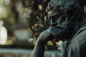 A statue of a man with a beard and a beard is sitting in a park photo
