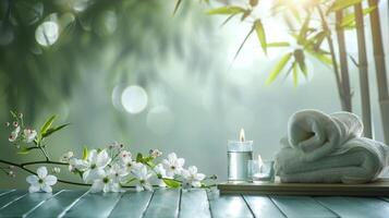 A table with a vase of flowers, a candle, and a stack of white towels photo