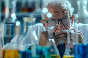 A man in a lab coat is looking at a table full of beakers and test tubes photo