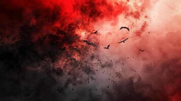 A red and black background with a bunch of bats flying around photo