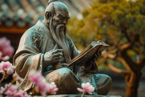 A statue of an old man reading a book photo