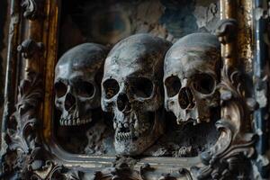 Three skulls are displayed in a frame, with one of them having a mouth open photo