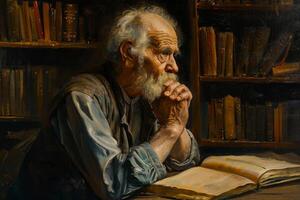 A man is sitting at a table with a book in front of him photo