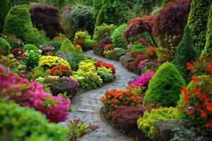 Beautiful garden path with colorful flowers and trees photo