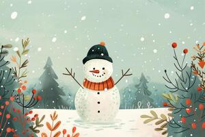 A cartoon snowman in the snow with red berries photo