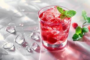A glass of raspberry drink with ice and mint leaves photo