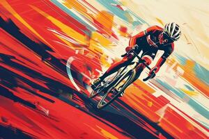 A painting of a cyclist on a red and orange background photo
