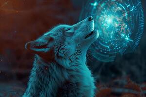 A wolf looking up at a glowing circle photo