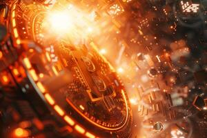 Bitcoin mining in the dark with glowing lights photo