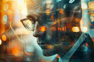 A man in glasses and a suit is looking at a computer screen photo