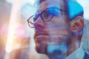 A man with glasses and a suit is looking at the sun photo