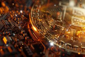 The gold bitcoin rests prominently on a detailed circuit board, with reflections of bright light highlighting intricate electronic patterns in a futuristic atmosphere photo