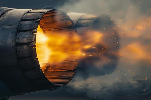 A powerful jet engine nozzle releases vibrant flames and smoke signifying intense thrust during a testing session, highlighting engineering precision and power photo