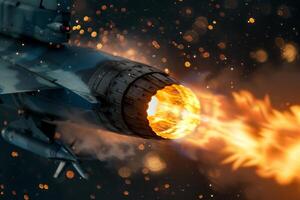 A military aircraft in flight activates its afterburner, producing a brilliant blaze of fire and sparks that illuminate the surrounding darkness, showcasing engine power and speed photo