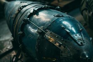 This vintage torpedo rests on display, showcasing the craftsmanship and engineering of mid-20th century maritime warfare technology in a museum setting photo