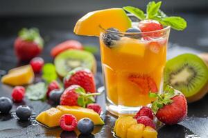 A colorful cocktail filled with tropical fruits like mango and berries sits on a dark surface, surrounded by slices of kiwi, strawberries, and mint leaves, creating a vibrant display photo