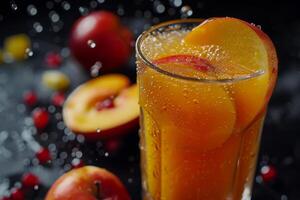 A tall glass filled with a bubbly peach and apple drink is adorned with juicy fruit slices. Surrounding the glass, fresh apples and droplets of water create a vibrant atmosphere photo